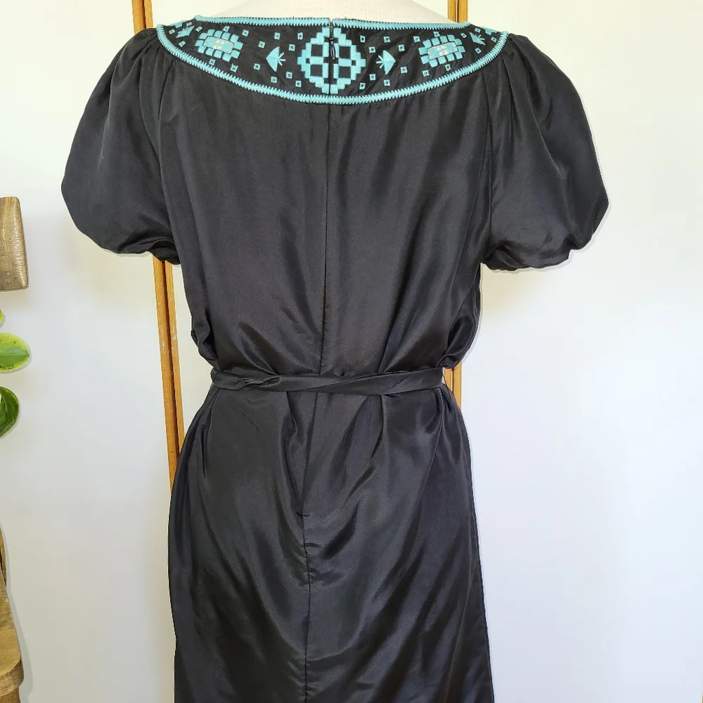Tory Burch Lottie Black Silk Embroidered Belted Shift Dress 6